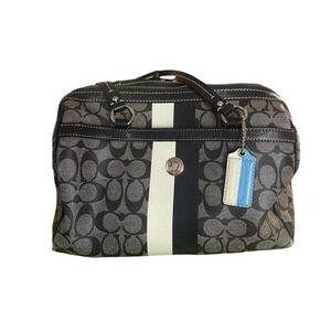 Coach Signature C Jacquard Satchel‎ Bag Black Grey Racing Stripe Blue Lining